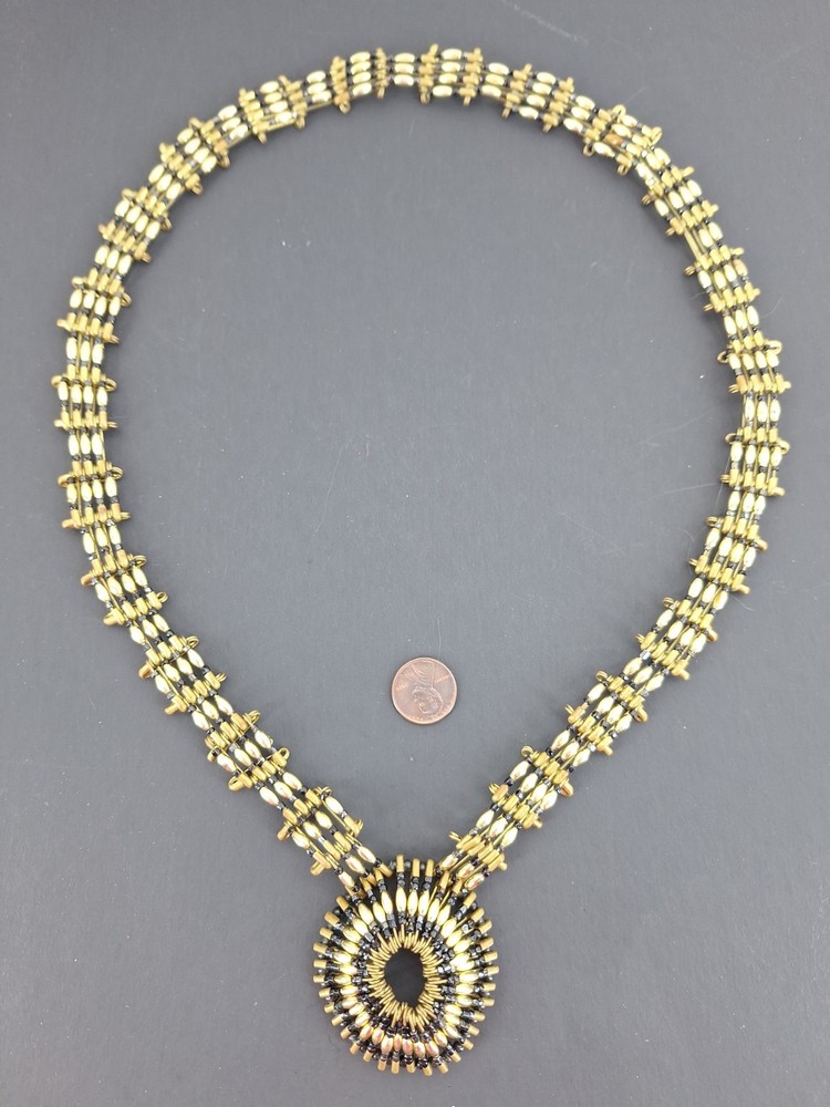 Vintage Safety Pin Medallion Necklace Gold Tone Slip On Bold Statement Runway
