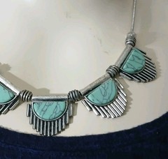 Woman’s Beaded Shield Fan Necklace Southwestern Fringe Green Faux Turquoise
