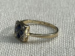 Art Deco 14K Gold And Platinum sapphire Ring Geometric Square Estate Size 5.5
