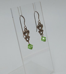 VTG 925 Green Bicone Crystal Earrings 1.25in Drop Sterling Silver Heart Scroll