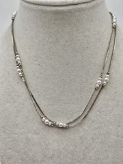 VINTAGE Dainty Silver Tone Faux Pearl Station Strand Necklace Korea