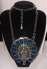 Large Vintage Silver Tone Rhinestone Peacock Necklace