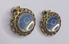 Vintage Moonstone Clip Earrings Gold Tone Metal Round Shape Hugs Lobe No Pinch
