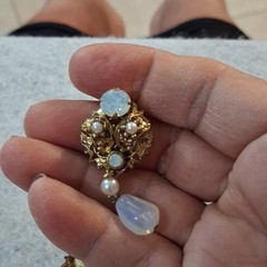 Vtg West Germany Opaline Moonstone Glass Faux Pearl Filigree Dangle Earrings