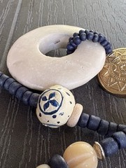 Vintage Boho Sun Medallion & Magnesite Donut Pendant Necklace Blue Stone Beads