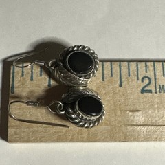 Vintage Nickel Silver Black Onyx?? Stone Dangle Dangling Hook Earrings