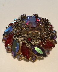 Juliana 1950s Red Rhinestone Marquise Cut Brooch with Faux Iridescent Stones