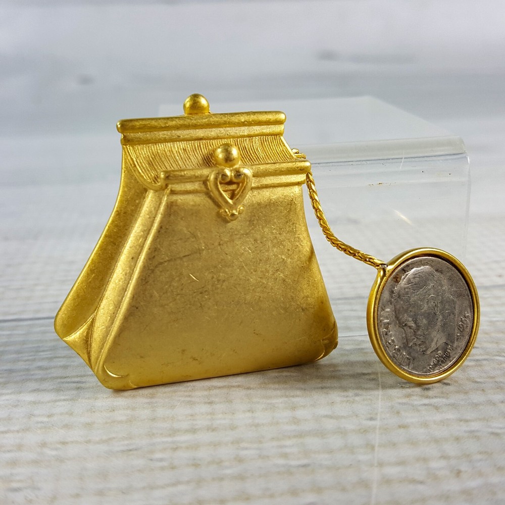 Vintage Tona 1.5″ Signed Gold Tone Coin Purse Pocketbook Dime Dangle Pin Brooch
