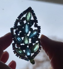 VTG MCM Aque Blue & Lime Green Rhinestone Leaf Brooch Pin (Some AB Finish)