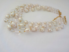 Vintage Four Strand Faux Pearl Bead Necklace Clear Plastic Gold Tone Metal Oval