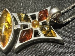 Vintage Baltic Amber Articulated Shield Pendant Necklace, 925 Silver,18″, 7.1g