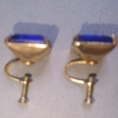 Vintage Brooch & Earrings – Silver Vermeil / Gold Wash, Cobalt Glass – Rare!