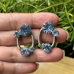 VTG Earrings Clips 1 Inch Sky Blue Glass Sparkly Rhinestones Oval Silver MCM