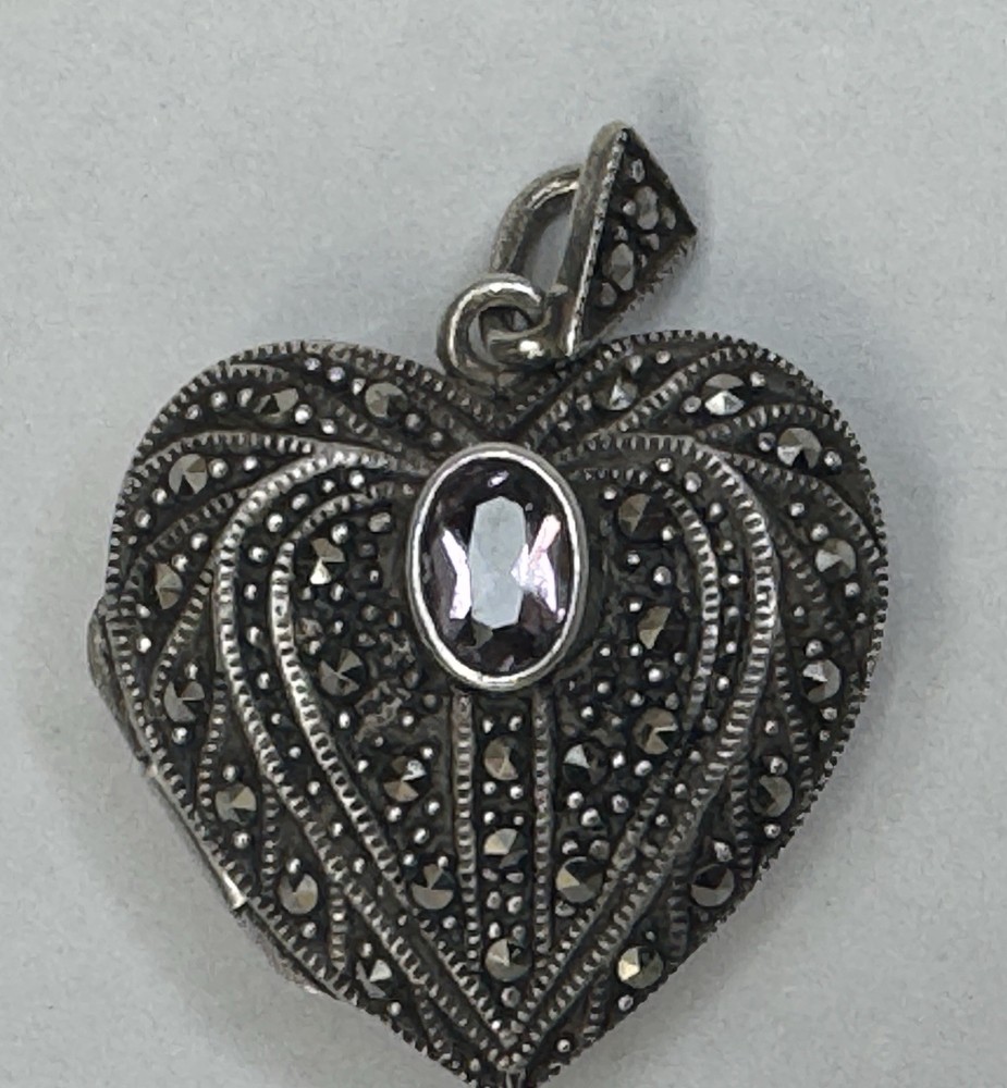 VINTAGE HEART LOCKET AMETHYST STERLING SILVER 925 PENDANT MARCASITE LOVE RETRO