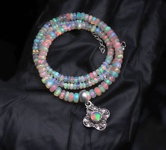 Natural Ethiopian fire opal beaded necklace with sterling silver opal pendant