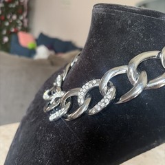 Ladies Vintage Good Quality Silver 18” Chunky Rhinestone Chain Link Necklace