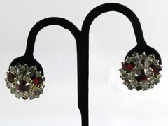 Vintage Hobe Red and White Clear Rhinestone Clip on Earrings 7/8 Inch Diameter