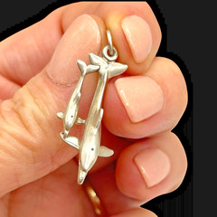 Vintage 925 Sterling Silver 3D Momma Baby Dolphin Pendant, 1.5″