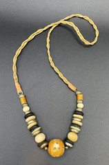 Vintage Wood Metal & Braided Leather Necklace w/ Star Motif – 32″