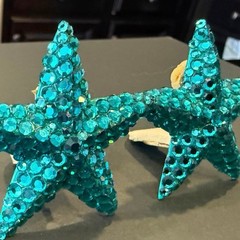 Vintage Richard Kerr Aqua Blue Starfish Clip Earrings Rhinestone 80s Statement