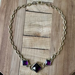 VTG Park Lane Accent Necklace 18 Inch Purple Square Facet Glass Bib Gold Signed