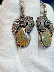 Mid Century Art Sterling SIlver Dangle Earrings Orbicular Jasper Grapevine Lever
