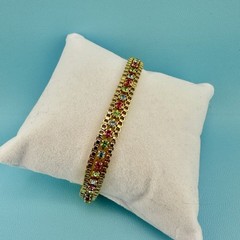 Vintage Rhinestone Bracelet Gold Tone Cup Chain Pastel Color Prong Set Stones 7″