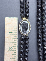 Black Glass Beaded Necklace Double Strand Cameo Clasp Art Deco French Jet Vtg