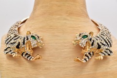Statement Double Tiger Choker Necklace Rhinestone Crystal Gold Tone Chunky Bold