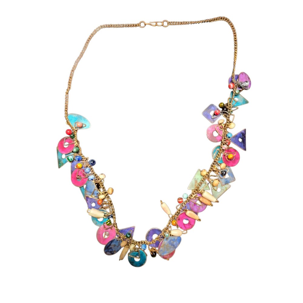 Vtg Copper Collage Art Necklace Metal Geometric Shapes Lampwork Beads & Bones