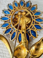 Stunning Gold Tone Pot Metal Blue Rhinestone Floral Brooch Art Deco 1930s 1940s