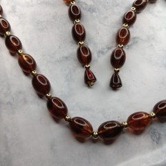 Vtg Mid-Century Faux Amber Lucite Necklace Statement Rootbeer Barrel 24″ 30g