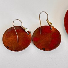 Vintage Enamel on Copper Jewelry Set Abstract Blue Gold White Earrings Pendant