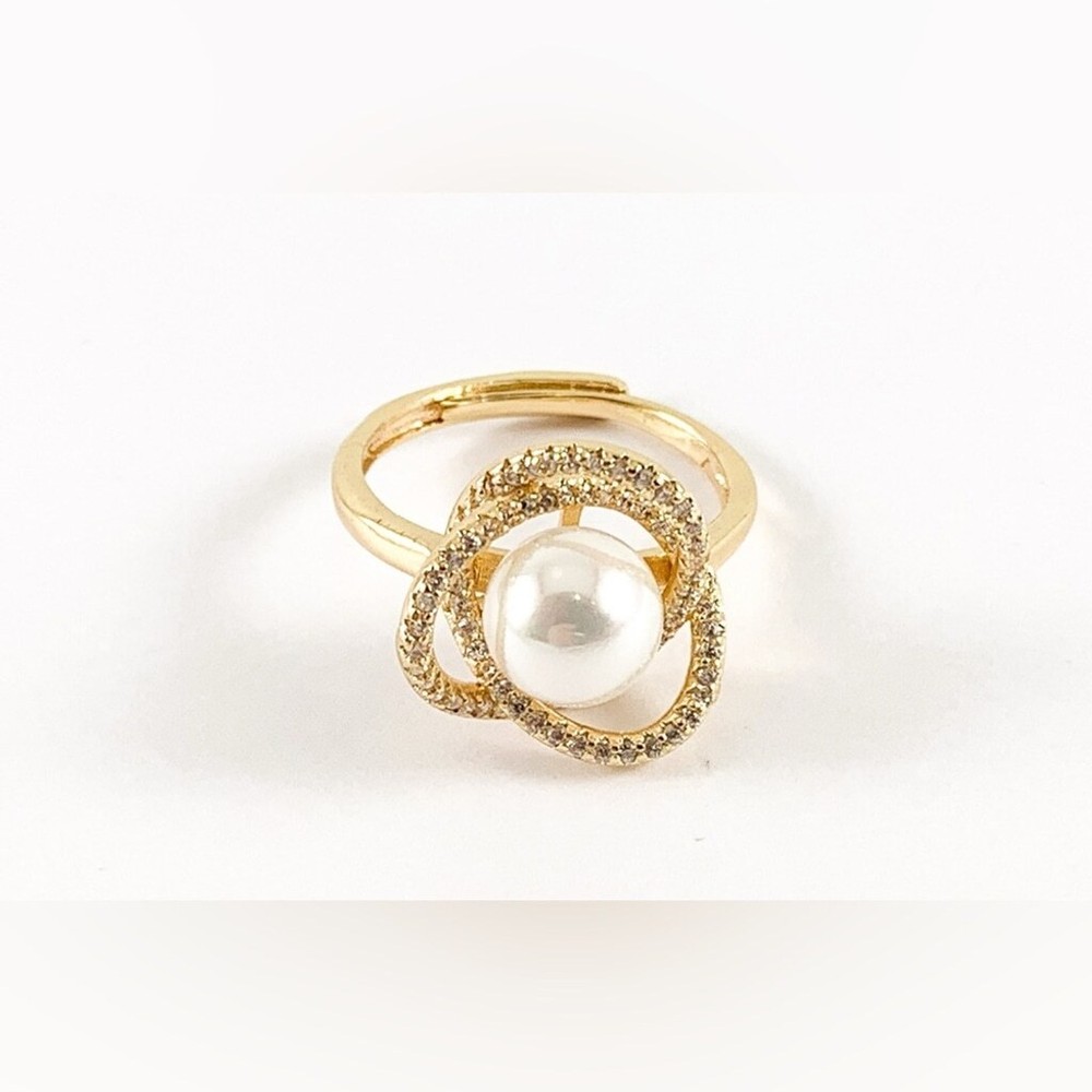 18K Gold Plated CZ Faux Pearl Minimalist Dainty Ring Adjustable Stackable