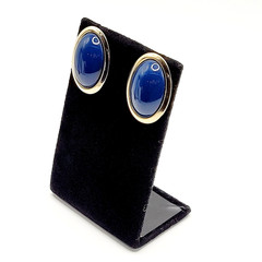 Modernist Navy Blue Slight Dome Lucite Oval Polished Gold Tone Pierced Earrings
