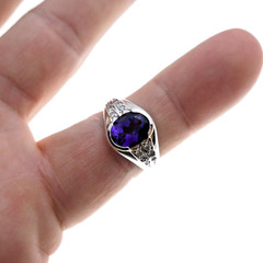 Made in Romania 14k Solid White Gold Natural Amethsyt and Diamond Ring Sz 7