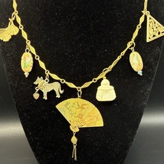 Custom Vintage Estate Assemblage Necklace & Charms: Buddha, Fan, in Mixed Metals
