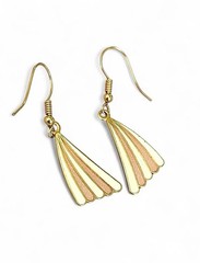 Vintage Art Deco Coral & Cream Fan Enamel Dangle Earrings Geometric Gold Tone