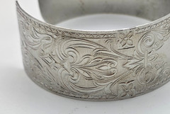 Vtg.Engraved Silver Tone Cuff Bracelet 6 in Floral Scroll Victorian Revival
