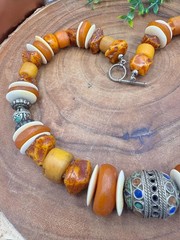 Moroccan Necklace, With Resin Copal, Enamel & Buffalo Horn Discs