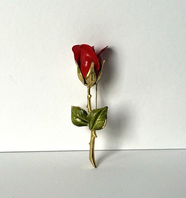Vintage Rose Flower With Stem Pin Button Size .5 x 3 Inches Nice Quality