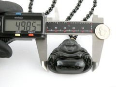 Black Onyx Carved Buddha Pendant Necklace Black Beaded Strand No Clasp 68.5g