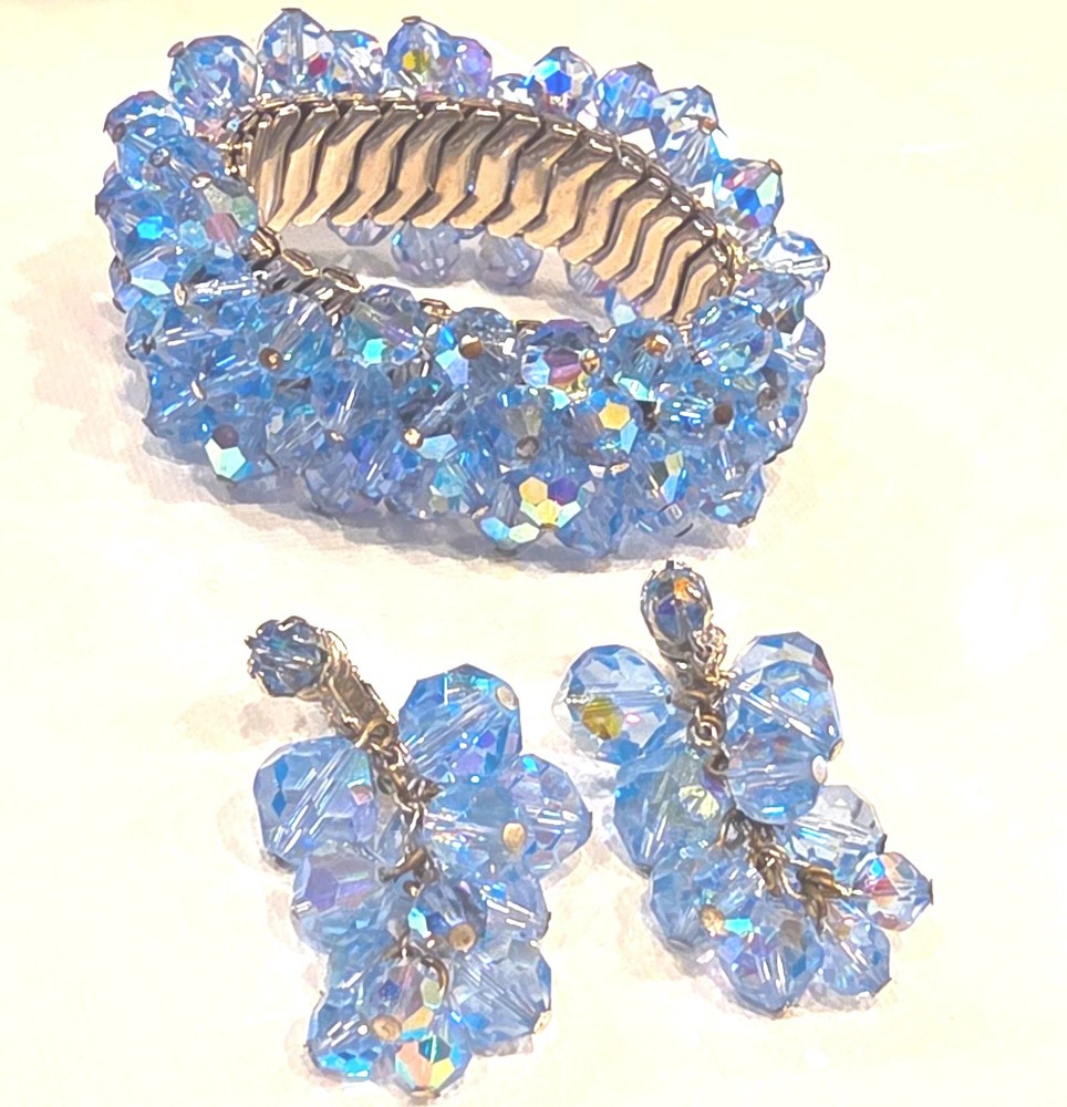Blue Faceted Aurora Boreales Crystal Bracelet & Clip-On Earrings