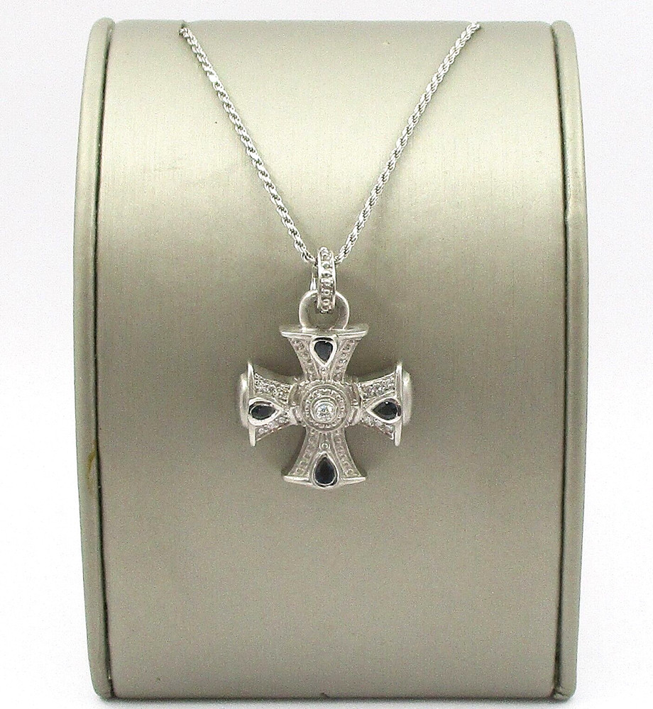 Judith Ripka 0.68CTW Sapphire 0.44CTW Diamond Cross Pendant 18K White Gold 16″