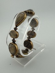 Vintage Brass Statement Bracelet Rutilated Quartz Mixed Stone Peacock Engraving