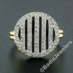 Vintage 14K Gold Platinum 0.60ctw Pave Diamond On Black Onyx Round Platter Ring