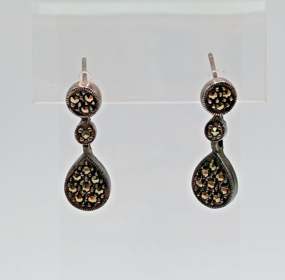 VTG 925 MC Teardrop Marcasite Earrings 1in Drop Sterling Silver 3gtw New Backs