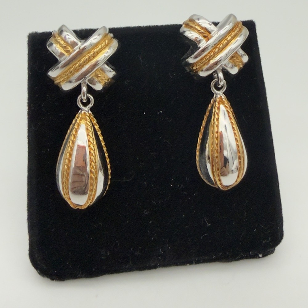 Vtg X Drop Silver Gold Tone Rope Teardrop Dangle Earrings Designer PD Nice