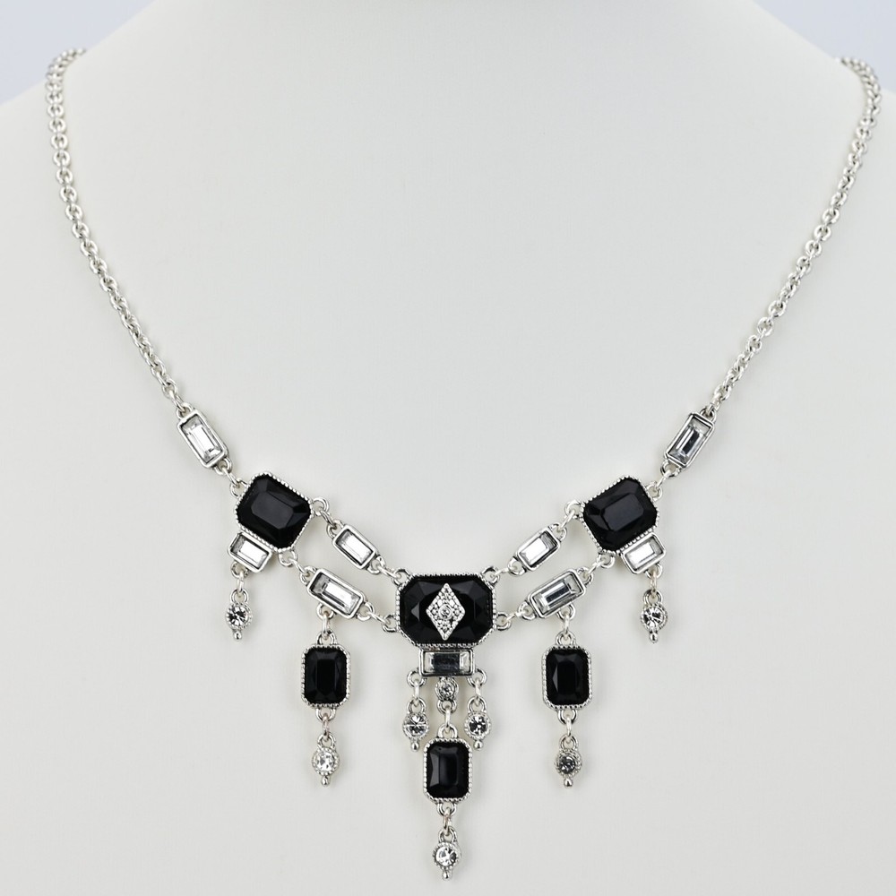 Original Vintage Designer Silver Onyx Zirconia Rhinestone Gemstone Necklace