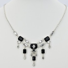 Original Vintage Designer Silver Onyx Zirconia Rhinestone Gemstone Necklace